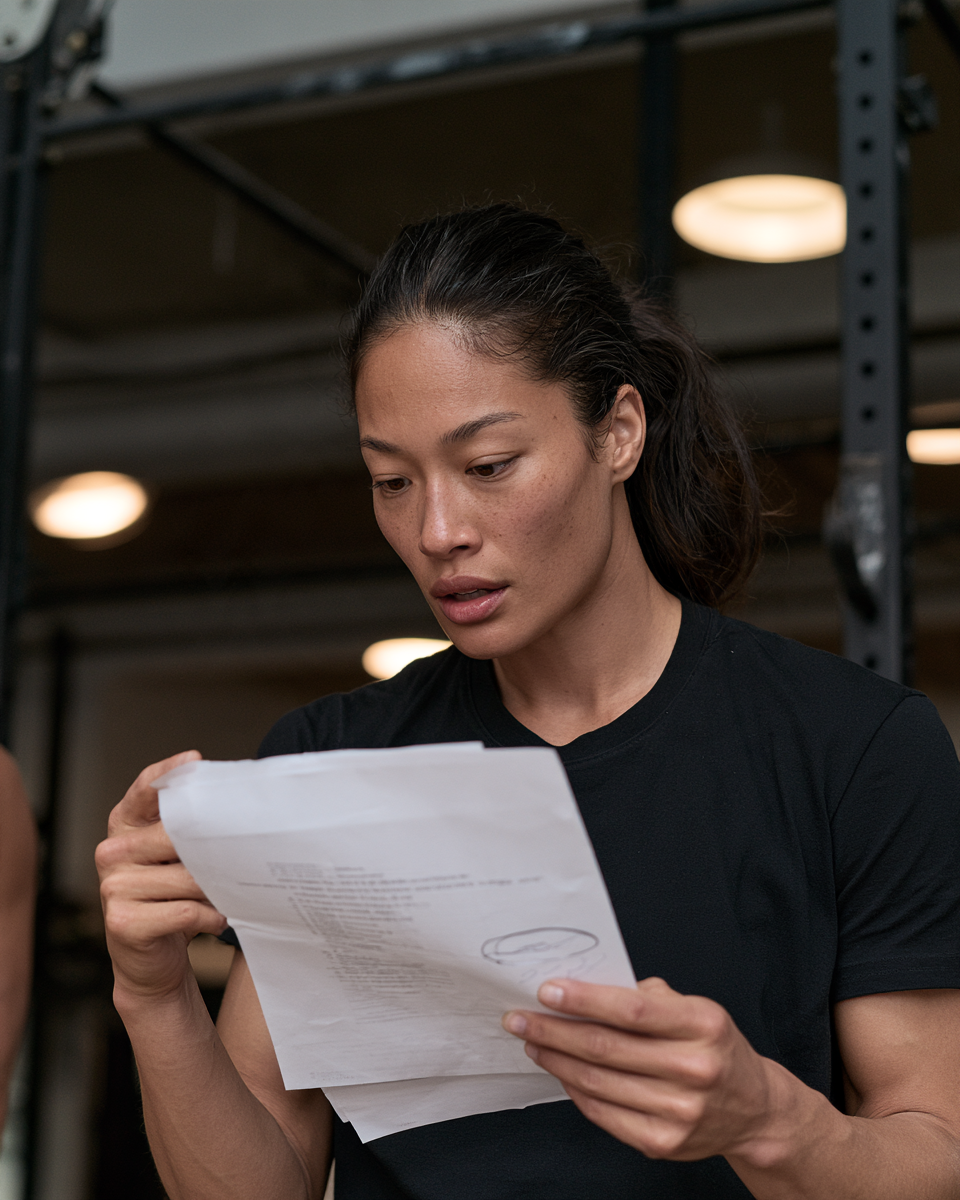 Athlete in a black t-shirt reviewing a printed training plan inside a gym