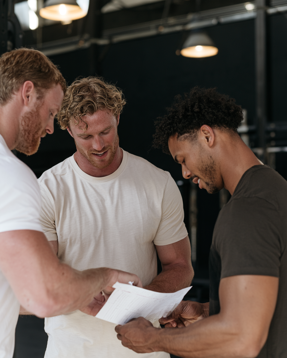 Gym coach going over a printed training plan with two members in a dark industrial gym